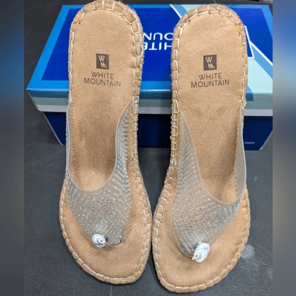 White Mountain Clear Beach Wedge Thong Sandals Silver Rhinestone Embellished 9.5